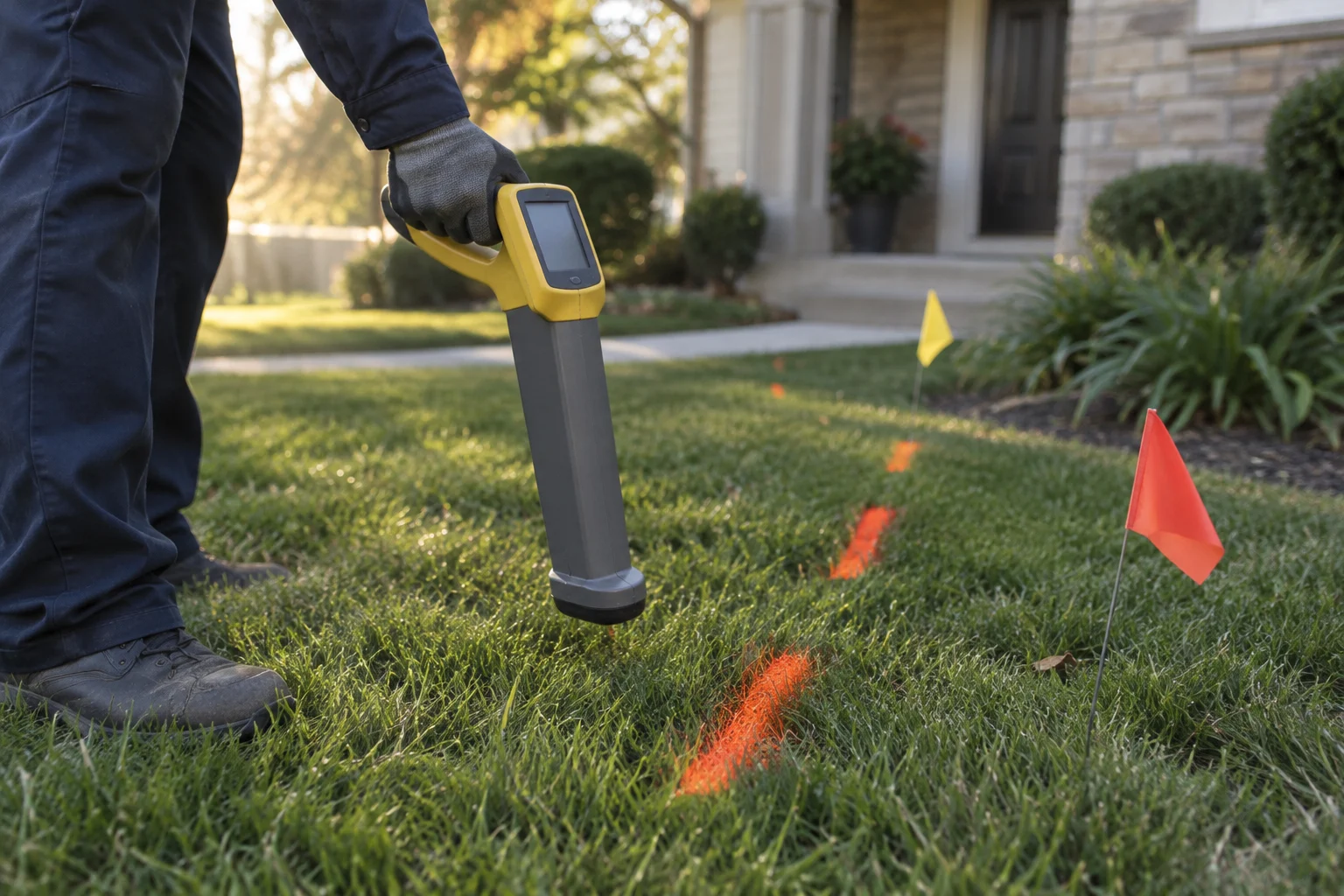 Technician using an electromagnetic utility locator next to orange marking flags in a yard