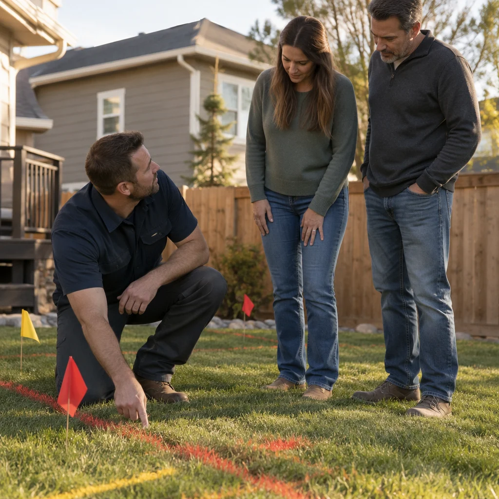 Fetch technician marking private underground lines with flags while two homeowners watch in their yard