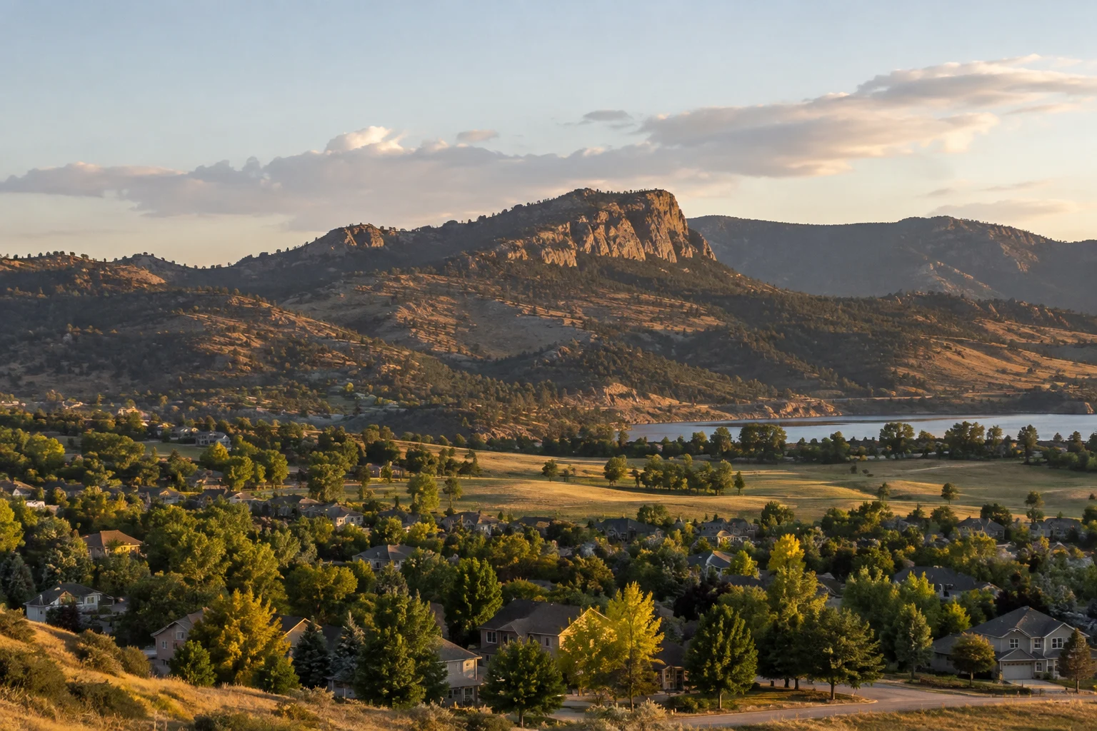 Northern Colorado foothills and Fort Collins neighborhoods at sunset