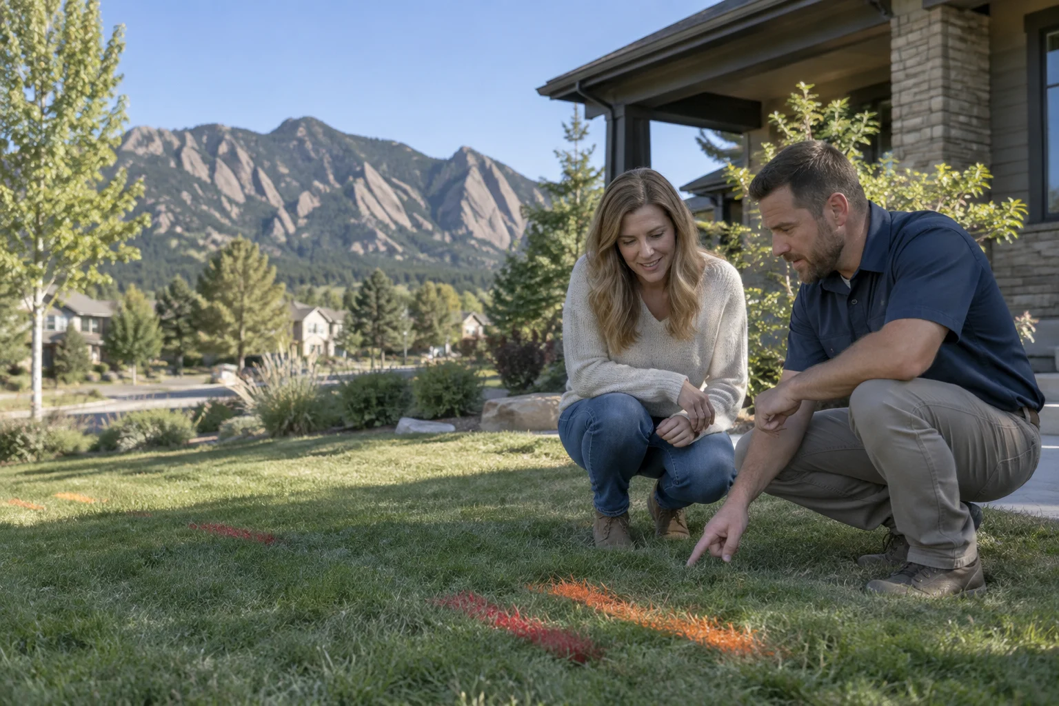 Technician showing a homeowner utility marks in a yard below the Flatirons in Boulder County, CO