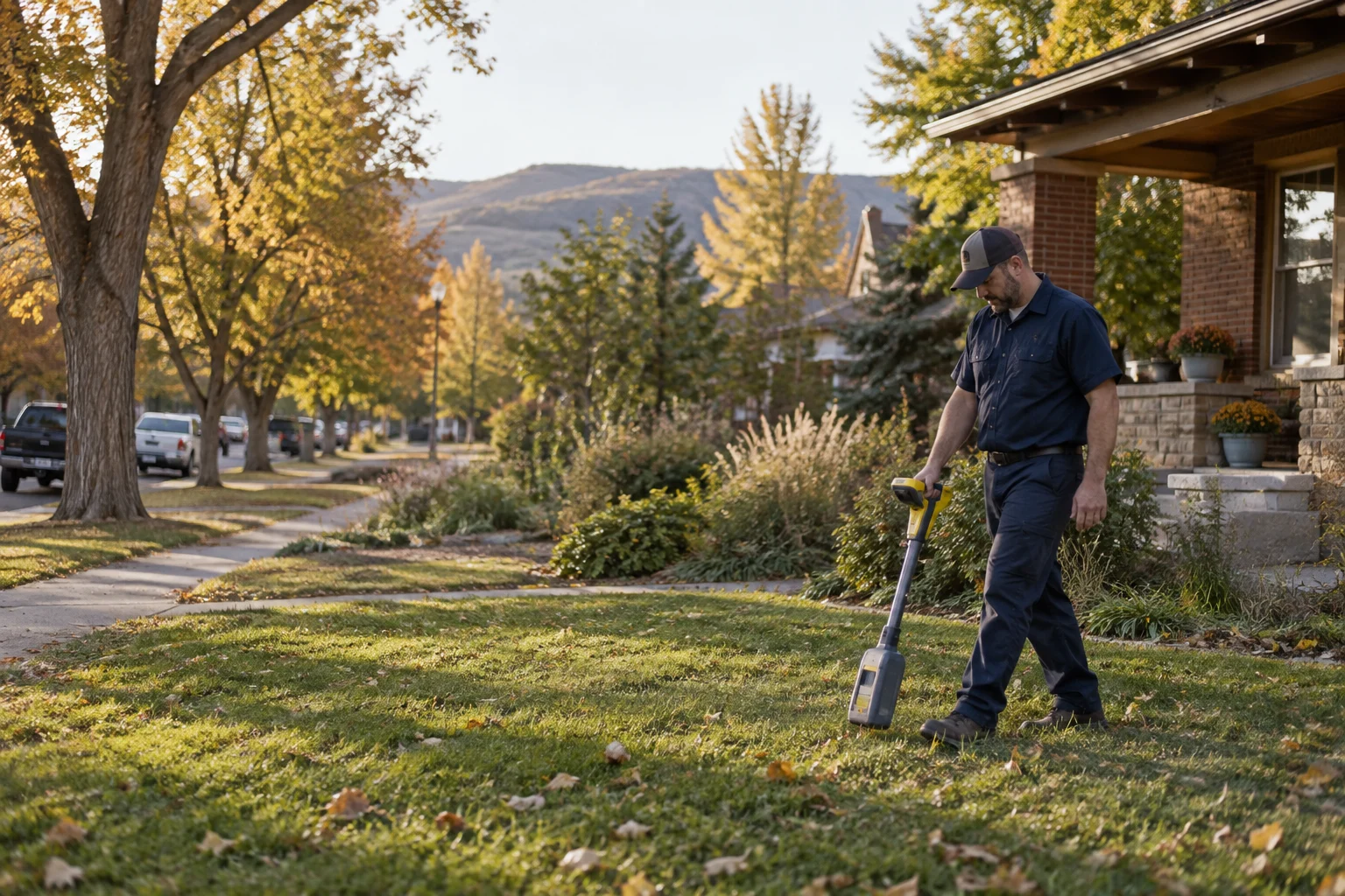 Technician locating private utility lines in a front yard in Fort Collins, CO