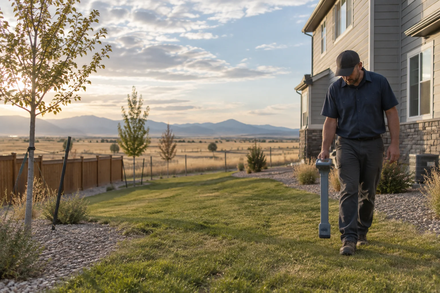Technician tracing a private line with a utility locator outside a home in Greeley, CO