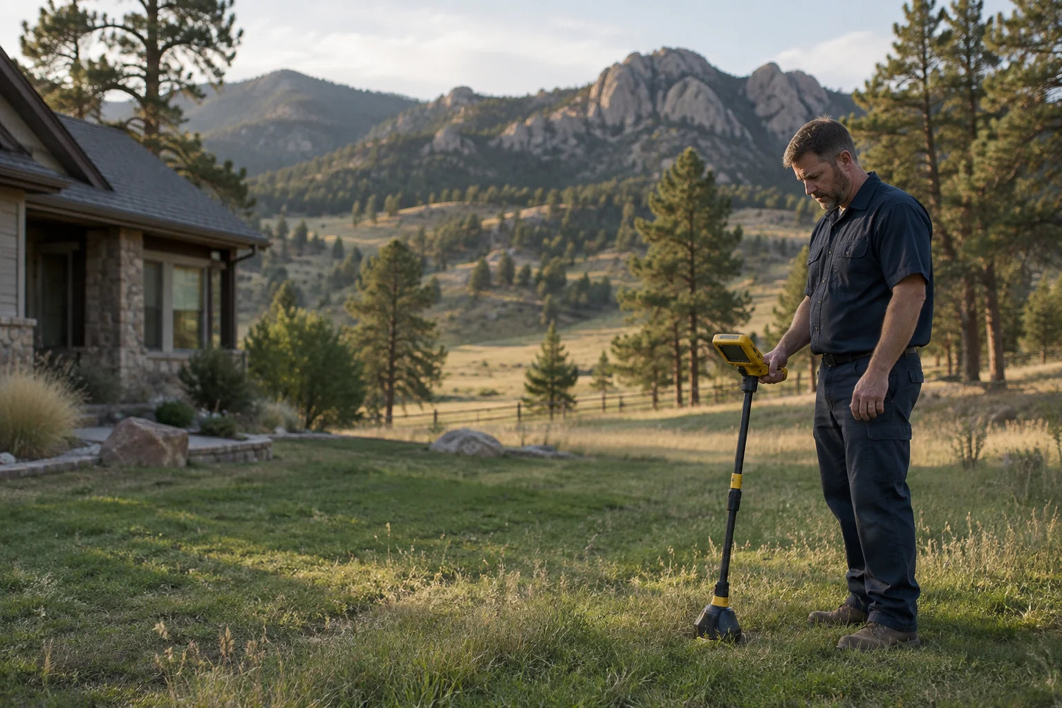 Technician with a utility locator on a foothills property in Larimer County, CO