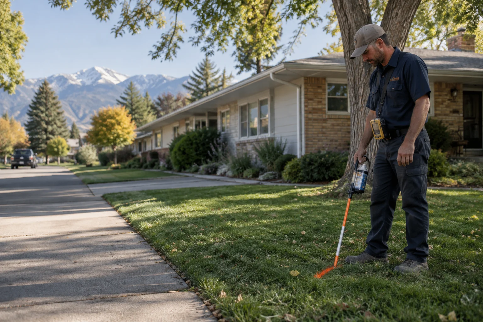 Technician marking private utility lines on a residential lawn in Longmont, CO