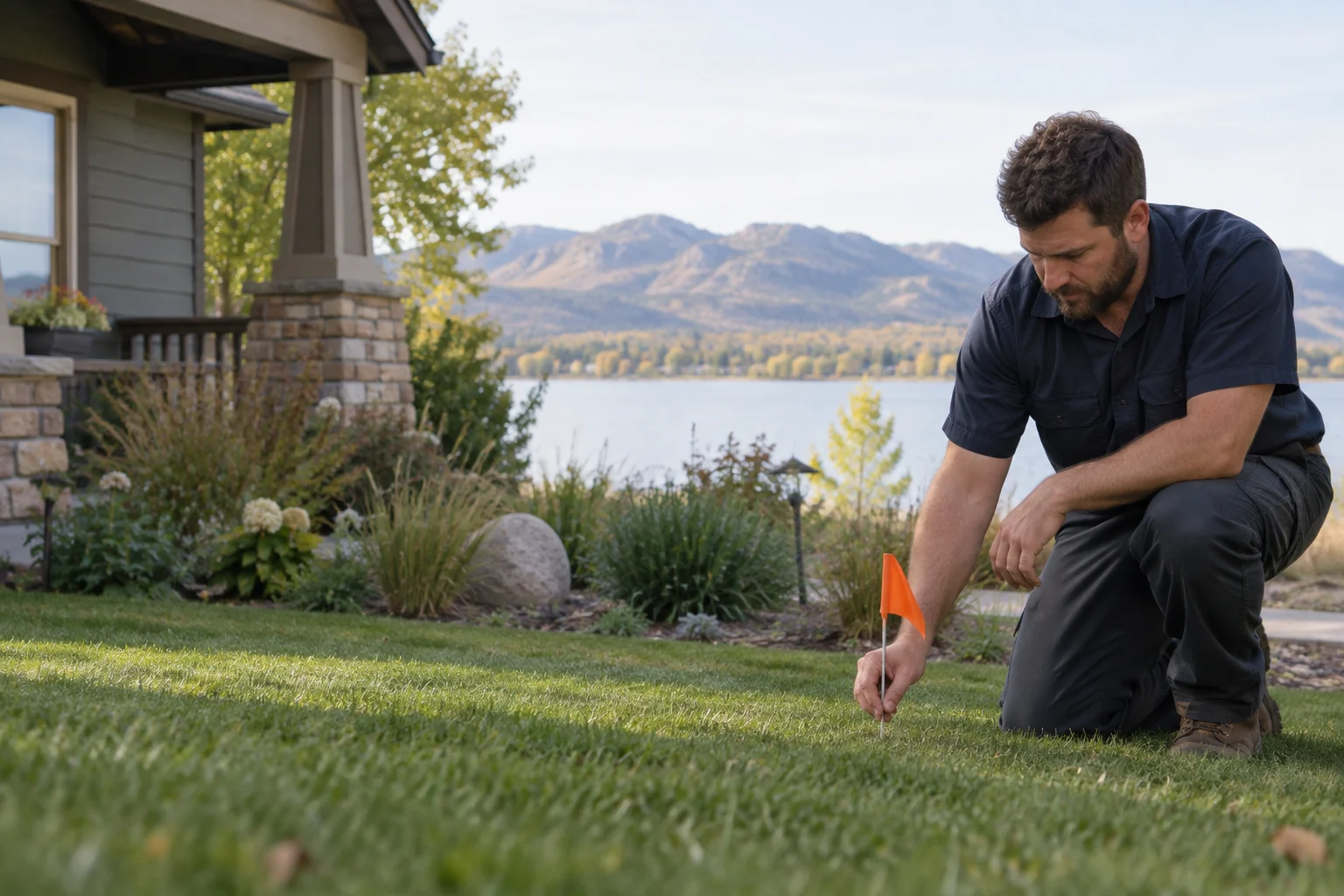 Technician placing a marking flag in a front yard near the lake in Loveland, CO