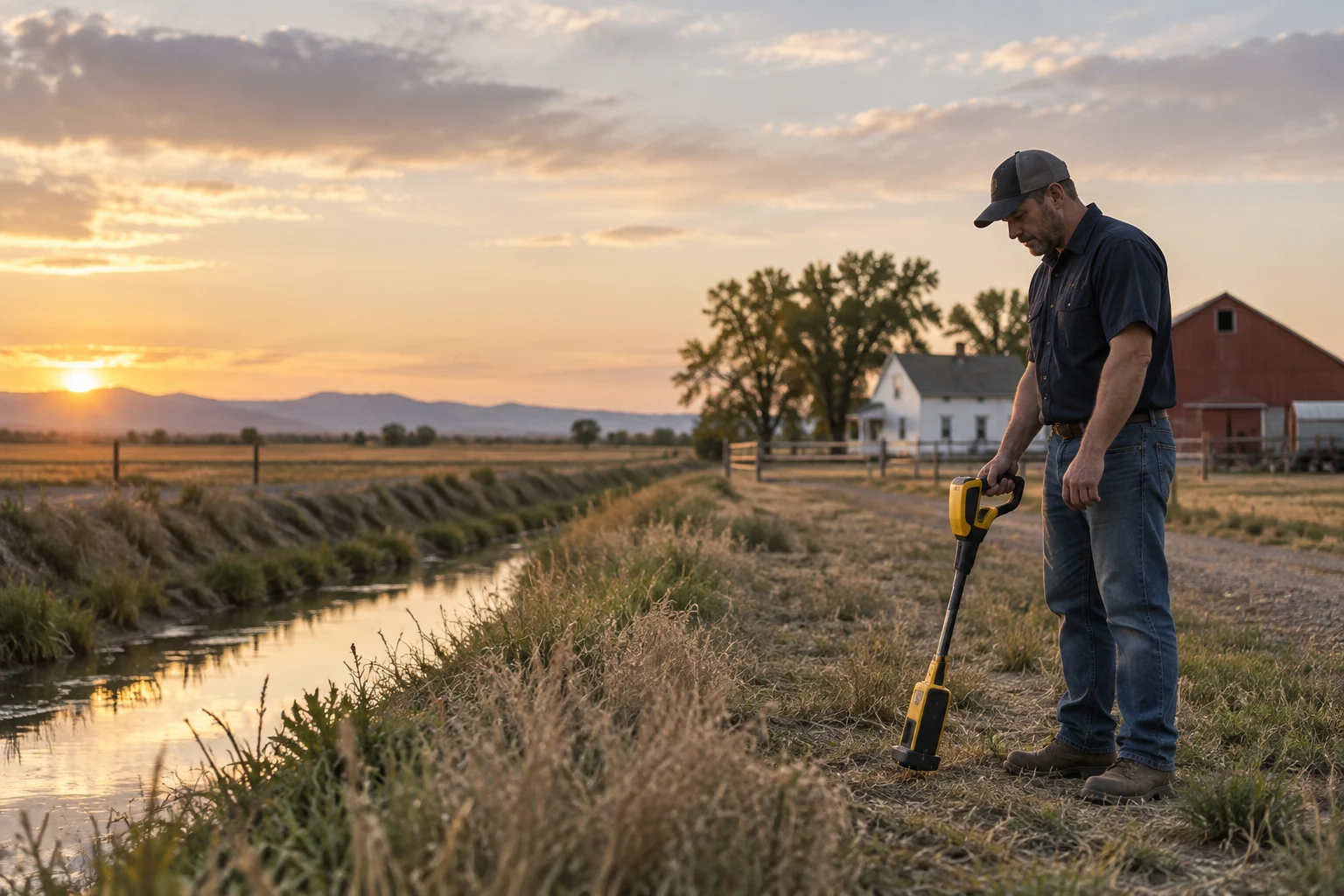 Technician locating a line along an irrigation ditch on a rural property in Weld County, CO