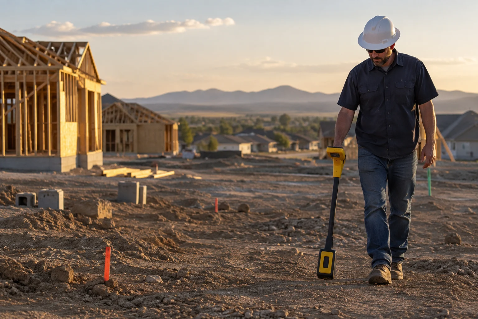 Technician locating private lines on a new construction site in Windsor, CO